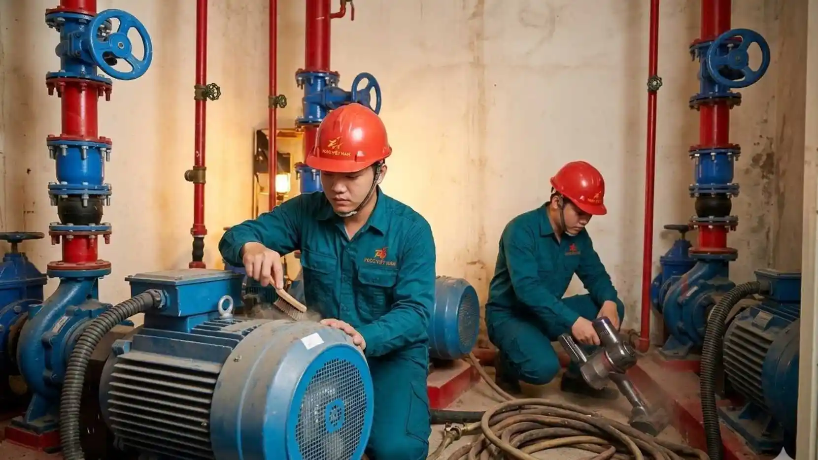 Đội ngũ kỹ thuật viên đang tiến hành bảo dưỡng hệ thống máy bơm chữa cháy công suất lớn tại phòng bơm.
