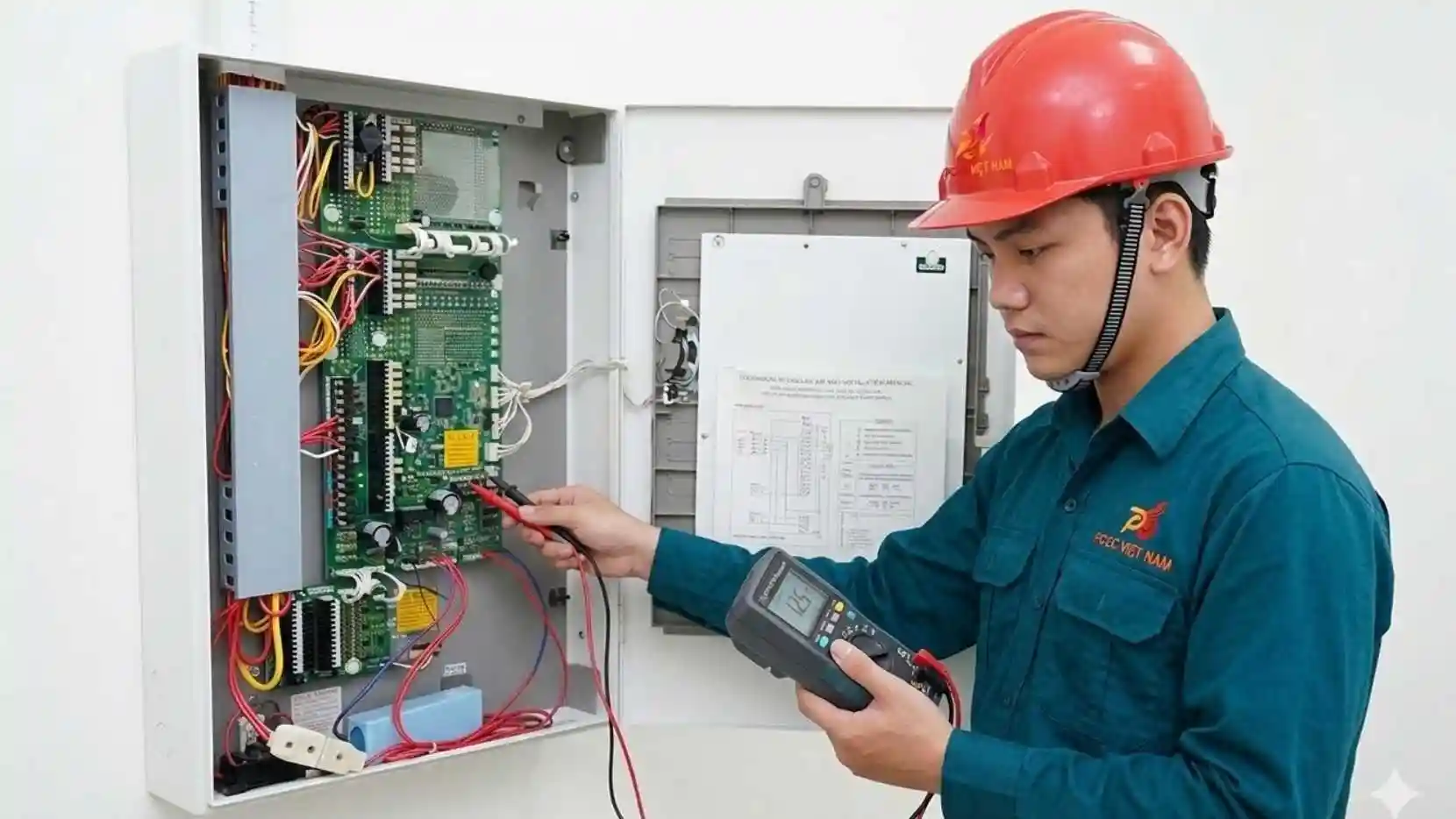 Kỹ thuật viên PCCC Việt Nam đang sử dụng thiết bị chuyên dụng để kiểm tra và bảo trì tủ trung tâm báo cháy.