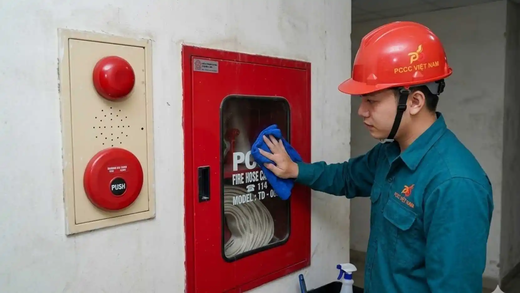 Nhân viên kỹ thuật tiến hành vệ sinh, kiểm tra tủ chữa cháy vách tường.